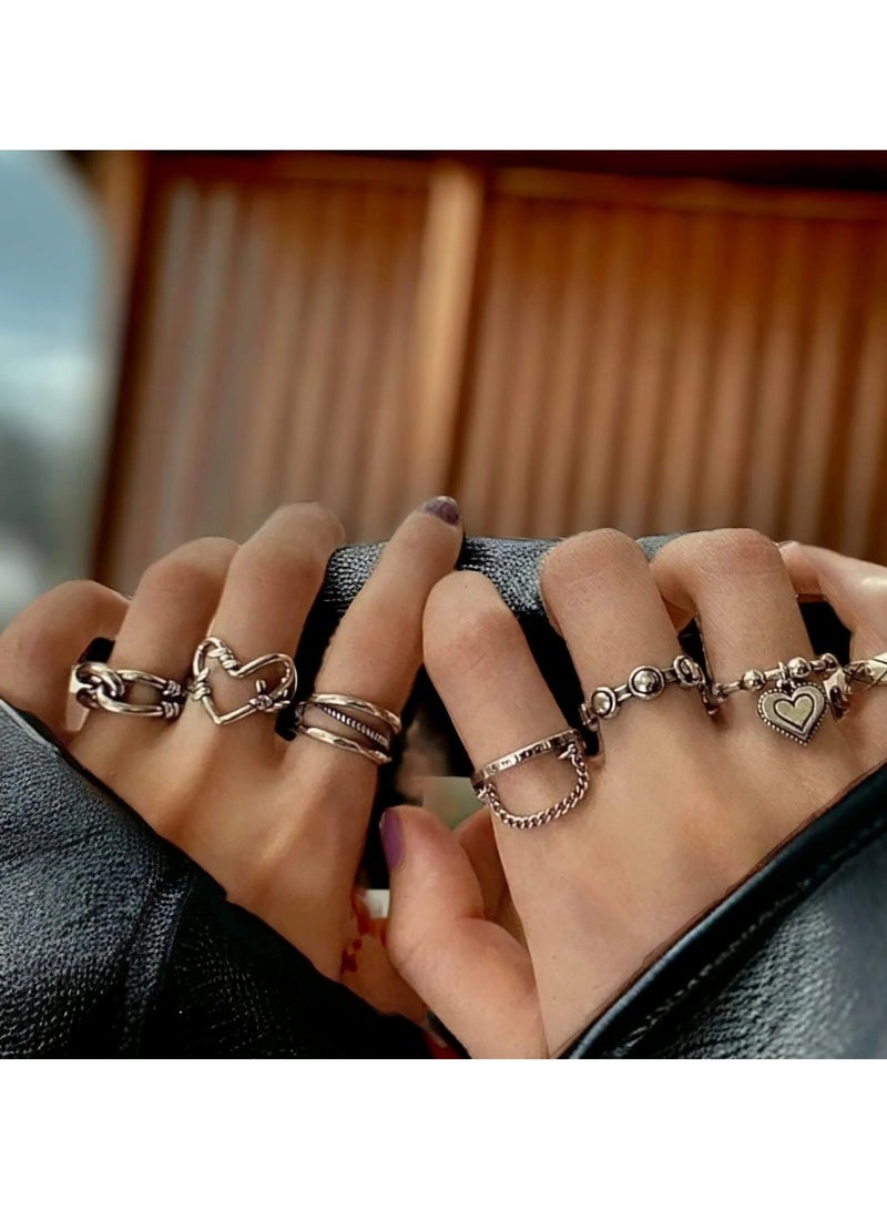 Huitich 7 Pcs Vintage Silver Adjustable Ring Set Bohemian Style  - Image 3