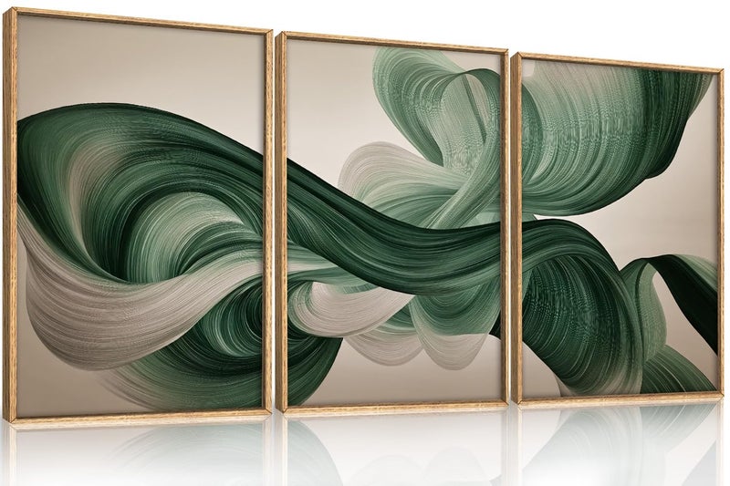 KAIRNE Green Abstract Wall Art Set of 3, Minimalist Green Lines Wall Decor, Modern Flowing Texture Painting for Living Room, Bedroom, Office, Framed Easy to Hang 16x24 Inches - Image 1
