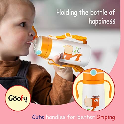 Nabhya Goofy 380 ML Vacuum Thermo Seal Insulated Double Wall Steel Body Baby Sipper with One Touch Opening & Silicon Straw,Long Retention of Temperature of Hot & Cold Liquids (Orange) - Image 2