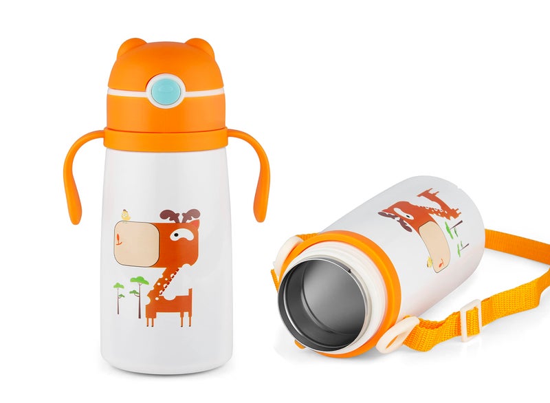 Nabhya Goofy 380 ML Vacuum Thermo Seal Insulated Double Wall Steel Body Baby Sipper with One Touch Opening & Silicon Straw,Long Retention of Temperature of Hot & Cold Liquids (Orange) - Image 1