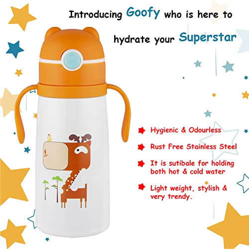 Nabhya Goofy 380 ML Vacuum Thermo Seal Insulated Double Wall Steel Body Baby Sipper with One Touch Opening & Silicon Straw,Long Retention of Temperature of Hot & Cold Liquids (Orange) - Image 4