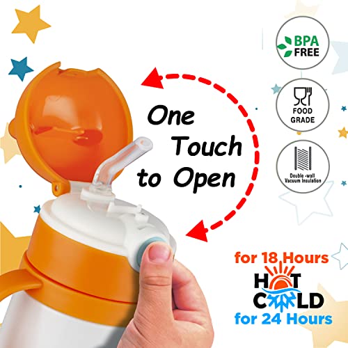 Nabhya Goofy 380 ML Vacuum Thermo Seal Insulated Double Wall Steel Body Baby Sipper with One Touch Opening & Silicon Straw,Long Retention of Temperature of Hot & Cold Liquids (Orange) - Image 5