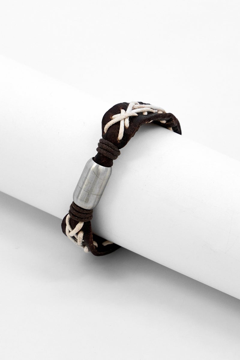 Steeltime Men Leather String Bracelet, Brown - Image 2