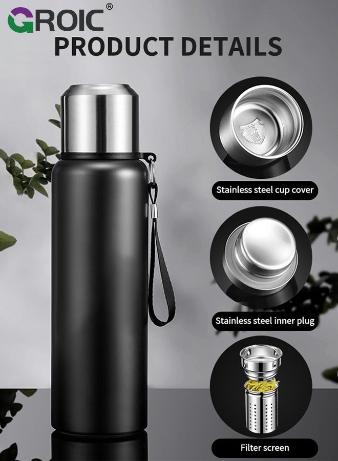 GROIC زجاجة مياه رياضية سعة 27 أونصة، زجاجة مياه من الفولاذ المقاوم للصدأ مع غطائين معزولين للحفاظ على الماء الساخن والبارد، زجاجة مياه رياضية ذات فوهة واسعة للمشي لمسافات طويلة وركوب الدراجات والرياضة - Image 5