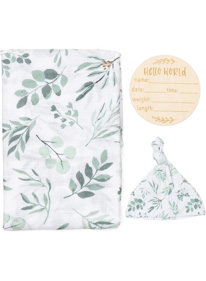 Pondering Pine Pondering Pine Organic Muslin Swaddle Blanket and Hat Set - Baby Receiving Blanket Neutral - Soft Organic Cotton and Natural Bamboo Blend, Boho Eucalyptus Leaves, Birth Announcement Card, 47" x 47"  - Image 1