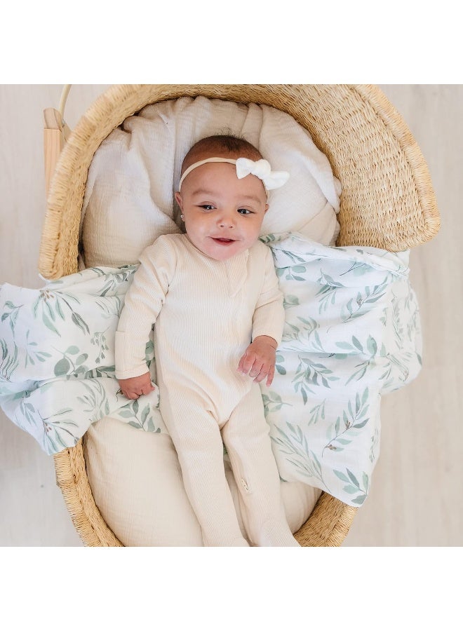 Pondering Pine Pondering Pine Organic Muslin Swaddle Blanket and Hat Set - Baby Receiving Blanket Neutral - Soft Organic Cotton and Natural Bamboo Blend, Boho Eucalyptus Leaves, Birth Announcement Card, 47" x 47"  - Image 4