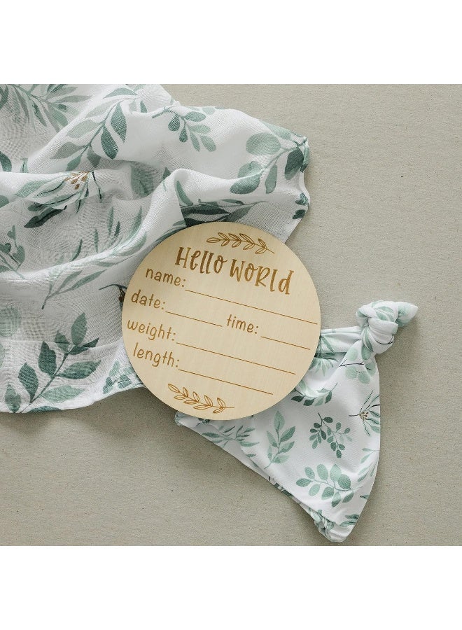 Pondering Pine Pondering Pine Organic Muslin Swaddle Blanket and Hat Set - Baby Receiving Blanket Neutral - Soft Organic Cotton and Natural Bamboo Blend, Boho Eucalyptus Leaves, Birth Announcement Card, 47" x 47"  - Image 3
