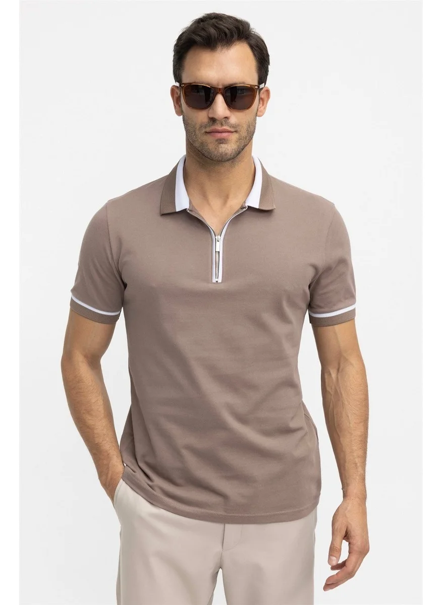 تودورس Men's Polo Neck Slim Fit Cotton Zipper Pique T-Shirt