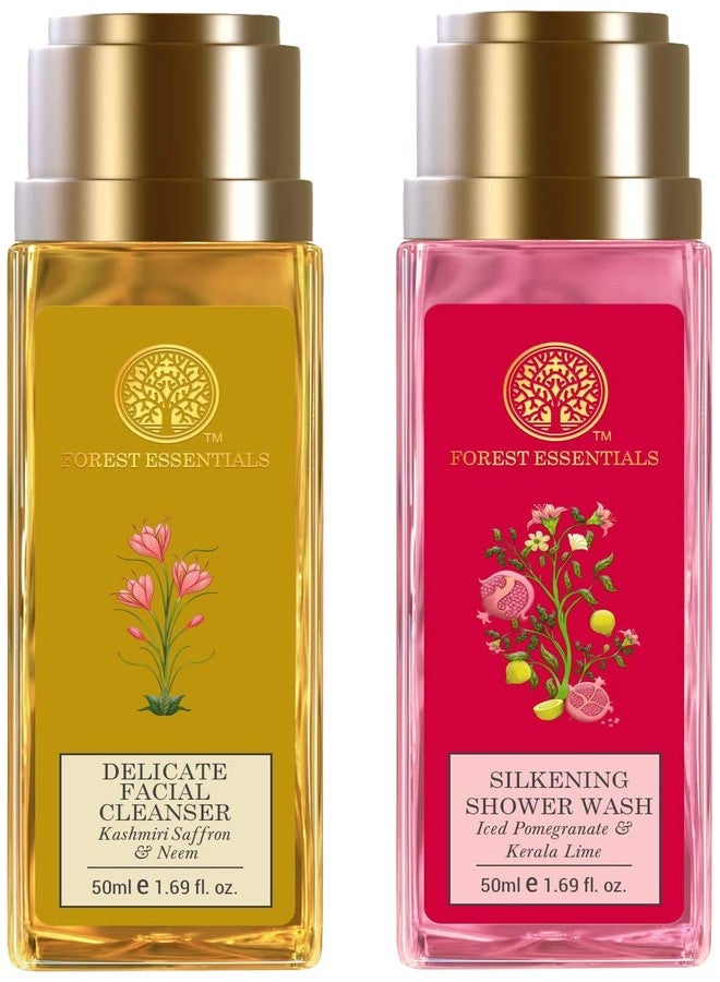 Forest Essentials Delicate Facial Cleanser Kashmiri Saffron & Neem& Forest Essentials Silkening Shower Wash Iced Pomegranate & Kerala Lime - Image 1