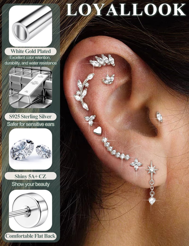 LOYALLOOK 925 Sterling Silver Flat Back Stud Earrings for Women Hypoallergenic | Silver Cartilage Earrings for Sensitive Ears | Helix Conch Tragus Piercing Jewelry 20G - Image 3