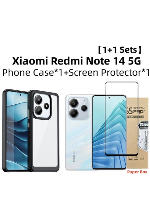 [1+1 Sets] For Xiaomi Redmi Note 14 5G Case & Screen Protector Transparent Frame Protective Cover with Tempered Glass Screen Protector