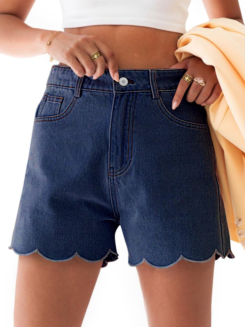 Aoysky Womens High Waisted Denim Shorts Summer Straight Leg Wave Hem Short Jeans Casual Trendy Jort - Image 1