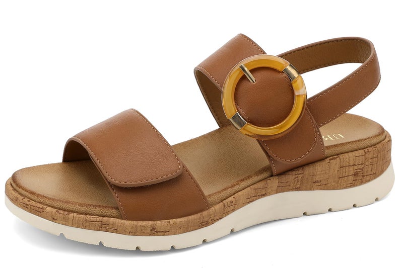 UBFEN Womens Flat Sandals Arch Support Open Toe Walking Comfy Casual Low Wedge Summer Shoes A Dark Brown Size US 10 - Image 1