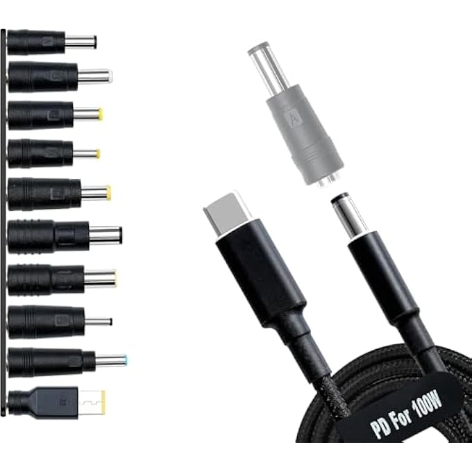 rayihni محولات USB C إلى DC 10 قطع مجموعة قابس الطاقة، كابل طاقة 100 واط PD وموصل أسطواني دائري 5.5X2.1 مم لشحن اللابتوب، متوافق مع سوني، توشيبا، سامسونج، أيسر، أسوس، لينوفو، ديل، HP - Image 1
