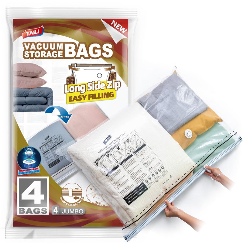 TAILI 4 Pack Vacuum Storage Bags, LONG SIDE ZIP (39x28 inch) Vacuum Seal Bags for Clothing, Jumbo Storage Space Saver for Beddings, Comforters, Blanket, Pillows and Clothes - Image 1