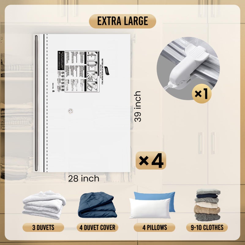 TAILI 4 Pack Vacuum Storage Bags, LONG SIDE ZIP (39x28 inch) Vacuum Seal Bags for Clothing, Jumbo Storage Space Saver for Beddings, Comforters, Blanket, Pillows and Clothes - Image 3