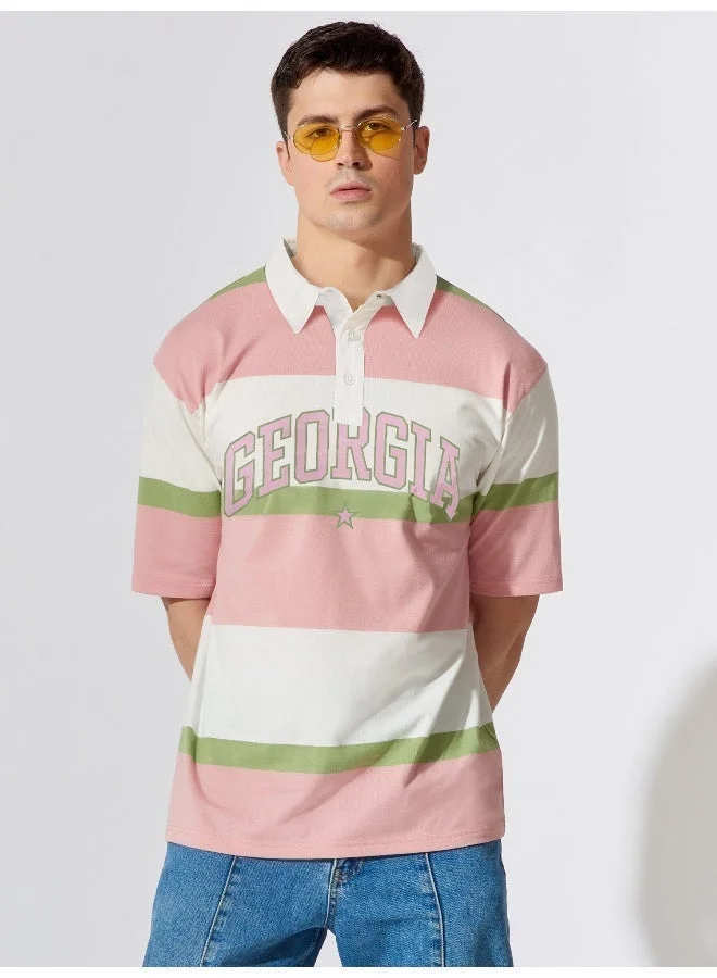 Maniac Maniac Mens Polo Neck Printed & Striped Half Sleeve Pink and White Cotton Oversized Fit T-Shirt
