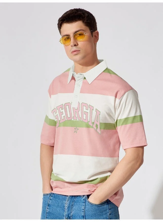 Maniac Maniac Mens Polo Neck Printed & Striped Half Sleeve Pink and White Cotton Oversized Fit T-Shirt