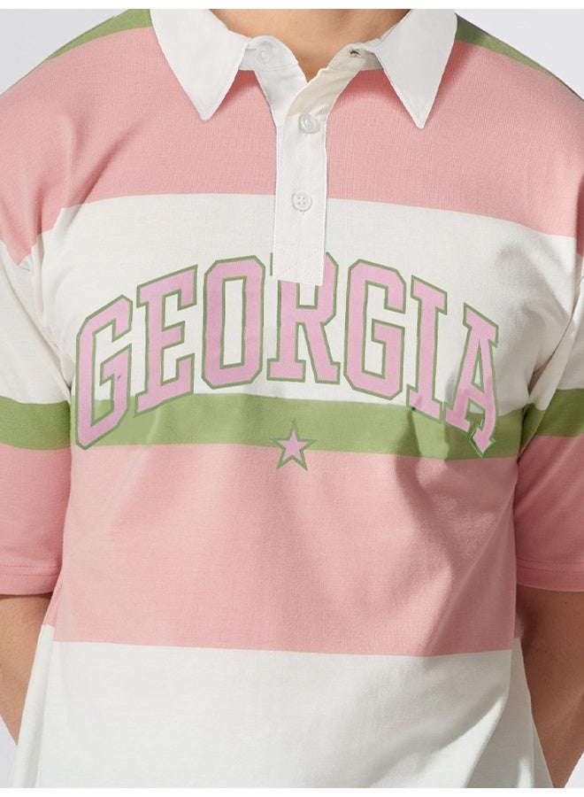 Maniac Mens polo neck printed & striped half sleeve pink and white cotton oversized fit t-shirt - Image 4