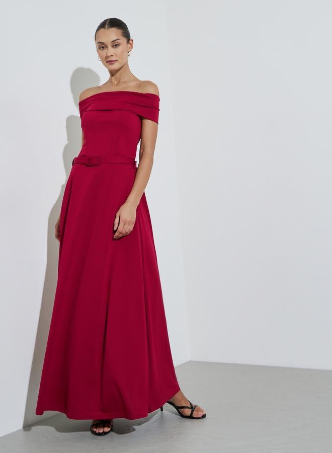 Styli Red A-Line Maxi Skirt with Belt - Image 1