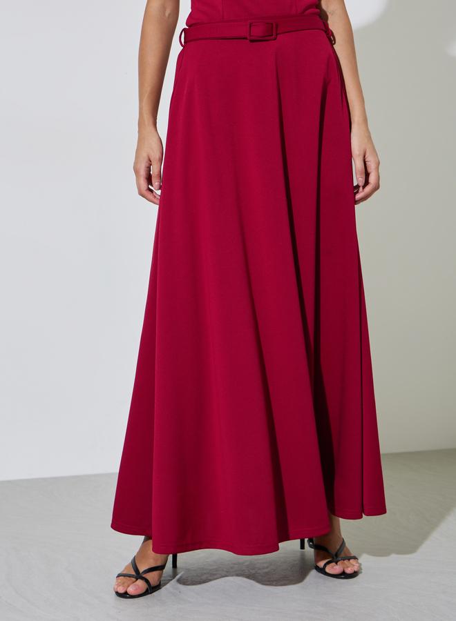 Styli Red A-Line Maxi Skirt with Belt - Image 2