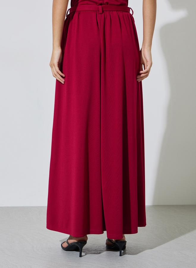 Styli Red A-Line Maxi Skirt with Belt - Image 4