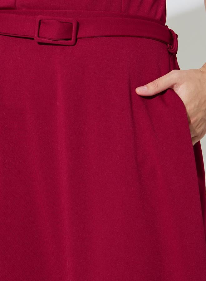 Styli Red A-Line Maxi Skirt with Belt - Image 3