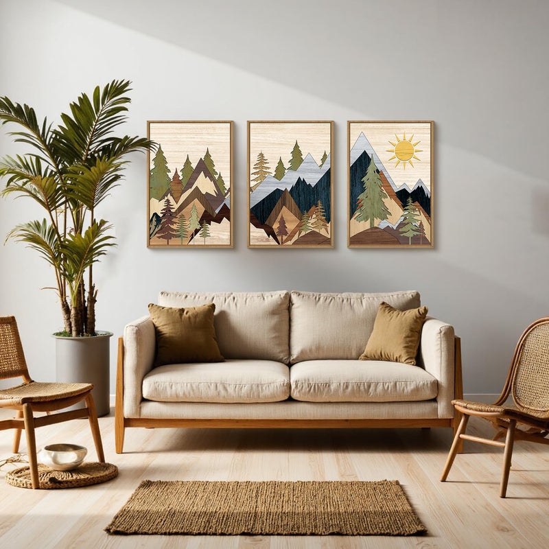 Ausril Mountain Pine Tree Framed Canvas Wall Art Set, Nature Wilderness Illustration Wall Decor, Woodcut Forest Wall Painting, Mid Century Modern Art Print for Living Room Bedroom Office 16"x24"x3 - Image 2