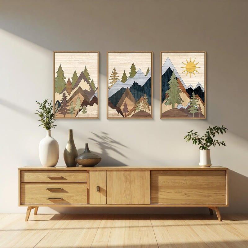 Ausril Mountain Pine Tree Framed Canvas Wall Art Set, Nature Wilderness Illustration Wall Decor, Woodcut Forest Wall Painting, Mid Century Modern Art Print for Living Room Bedroom Office 16"x24"x3 - Image 5
