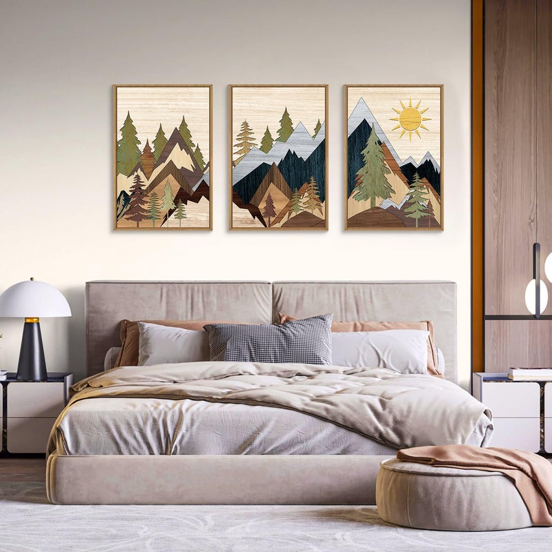 Ausril Mountain Pine Tree Framed Canvas Wall Art Set, Nature Wilderness Illustration Wall Decor, Woodcut Forest Wall Painting, Mid Century Modern Art Print for Living Room Bedroom Office 16"x24"x3 - Image 3