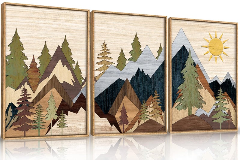 Ausril Mountain Pine Tree Framed Canvas Wall Art Set, Nature Wilderness Illustration Wall Decor, Woodcut Forest Wall Painting, Mid Century Modern Art Print for Living Room Bedroom Office 16"x24"x3 - Image 1