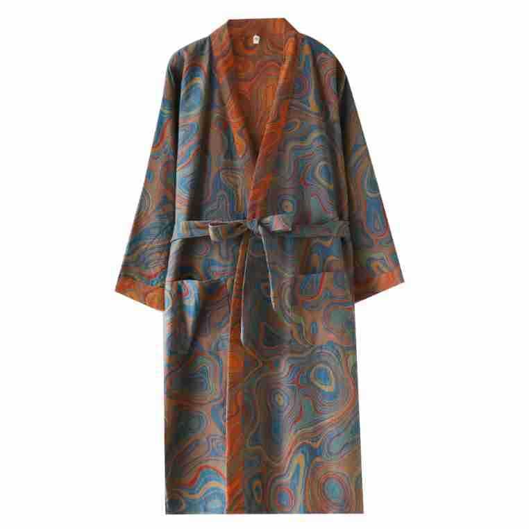 PEWRESLORS Yarn-dyed Cotton Japanese Kimono Bathrobe Loose Sleepwear Retro Yukata Robe for Women, L, Blue-green - Image 1
