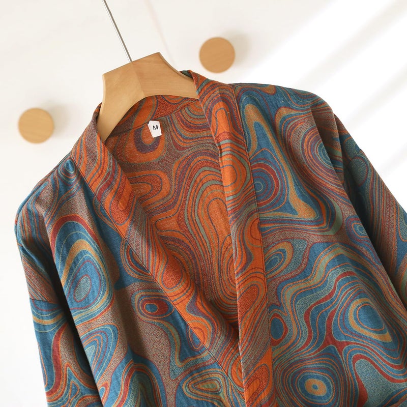 PEWRESLORS Yarn-dyed Cotton Japanese Kimono Bathrobe Loose Sleepwear Retro Yukata Robe for Women, L, Blue-green - Image 2