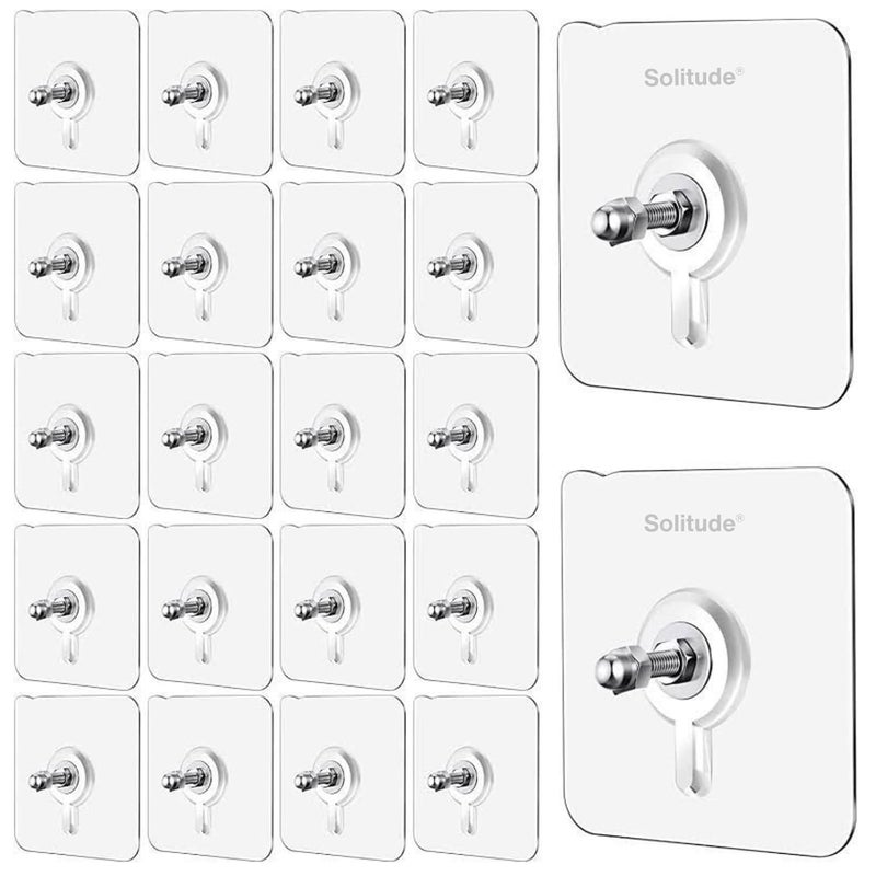 Solitude 20 Pack Heavy Duty Self-Adhesive Screw Hooks as Strong Wall Hanging Solutions Without Drilling for Kitchen and Bathroom Accessories (Screw Hook Hanger, Transparent) - Image 1