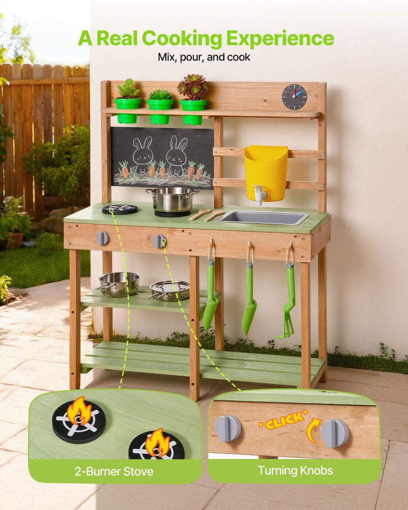 VEVOR Mud Kitchen, Outdoor Mud Kitchen for Kids, Wood Outdoor Play Kitchens with Stoves, Tank, Sink, Planting Shovels, Spatulas, Box, Cookware Pots and Accessories, Wooden Play Kitchens for Home, Lawn - Image 4