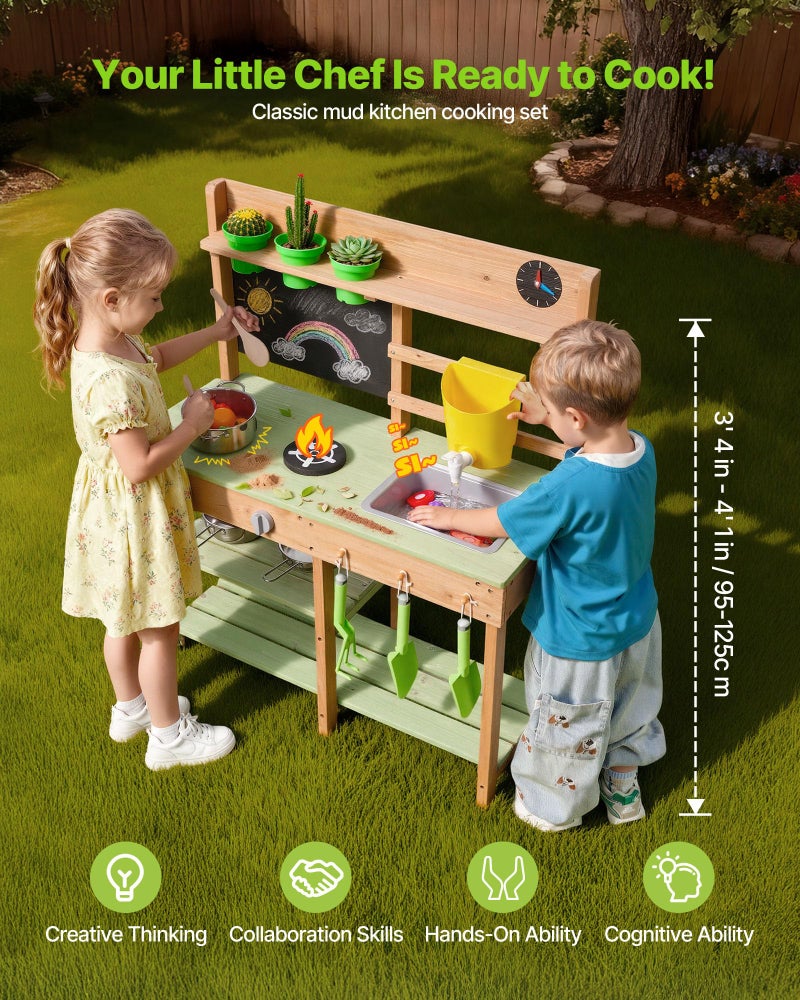VEVOR Mud Kitchen, Outdoor Mud Kitchen for Kids, Wood Outdoor Play Kitchens with Stoves, Tank, Sink, Planting Shovels, Spatulas, Box, Cookware Pots and Accessories, Wooden Play Kitchens for Home, Lawn - Image 2