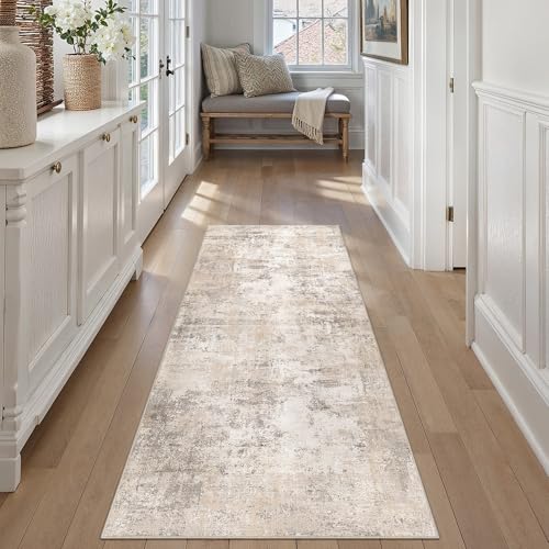 WondRg 2x6 Washable Runner Rug Beige Grey Abstract Non Slip Soft Low Pile Hallway Kitchen Rug Neutral Modern Carpet for Laundry Bathroom Bedroom Living Room Home Decor - Image 1