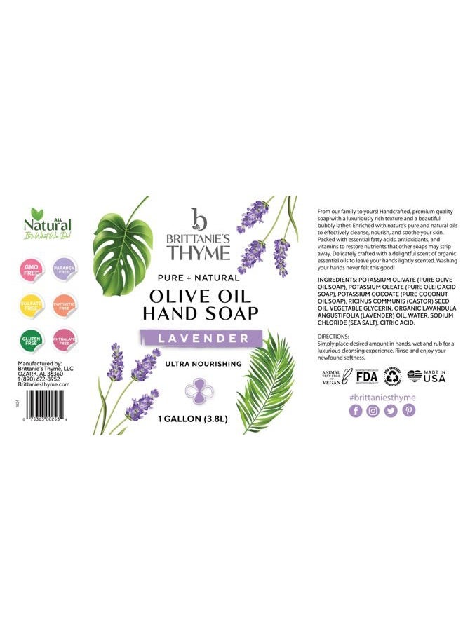 Brittanie's Thyme Brittanie's Pure Organic Castile Liquid Olive Oil Soap Refill | Face, Body Wash, Dishes, Pets & Laundry | Vegan & Gluten Free Non-GMO (Lavender 1 Gallon) - Image 2
