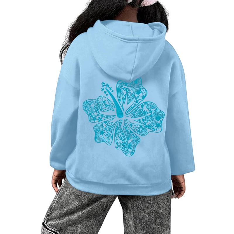 Lubpow Cute Pink Hoodie Kids Girls Aesthetic Preppy Hibiscus Flower Puff Hoodies Kawaii Hawaii Palm Beach Graphic Pullover(Sky Blue,150) - Image 2