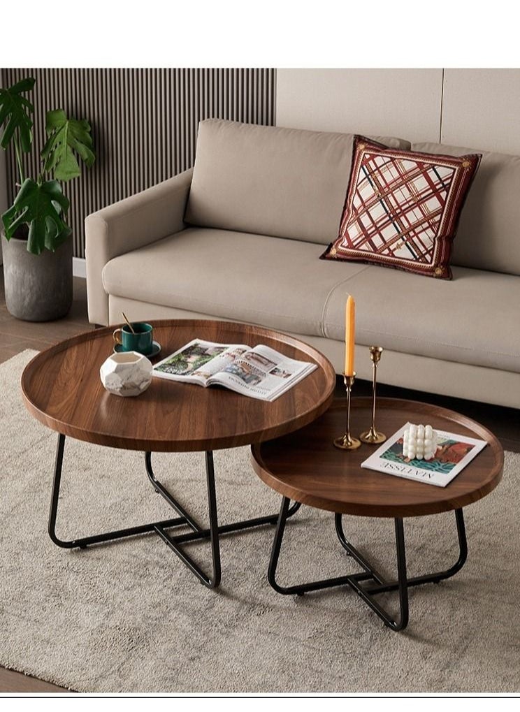XiuWoo - Set of 2 nesting coffee table, wooden walnut coffee table, rustic coffee Table mid-century, modern round coffee tables center table for living room bedroom office furniture easy assembly, 50CM+70CM - Image 1