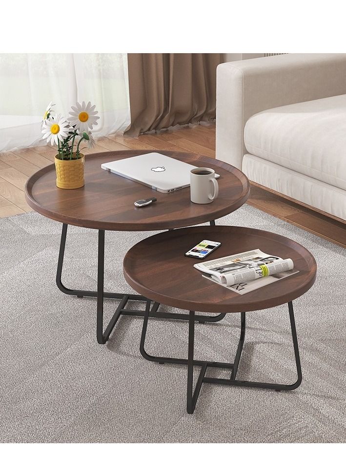 XiuWoo Set of 2 nesting coffee table, wooden walnut coffee table, rustic coffee Table mid-century, modern round coffee tables center table for living room bedroom office furniture easy assembly, 50CM+70CM - Image 4