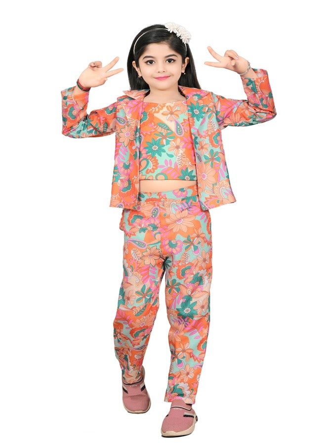 FEBVIBE Girls 3piece Cotton T-shirt and Pant Set, Printed Nightwear Dress Set | Full-sleeves Top and Pant Set Ideal for Party, Function and Wedding Kids Girls (Orange 01, 6 Years-7 Years) - Image 1