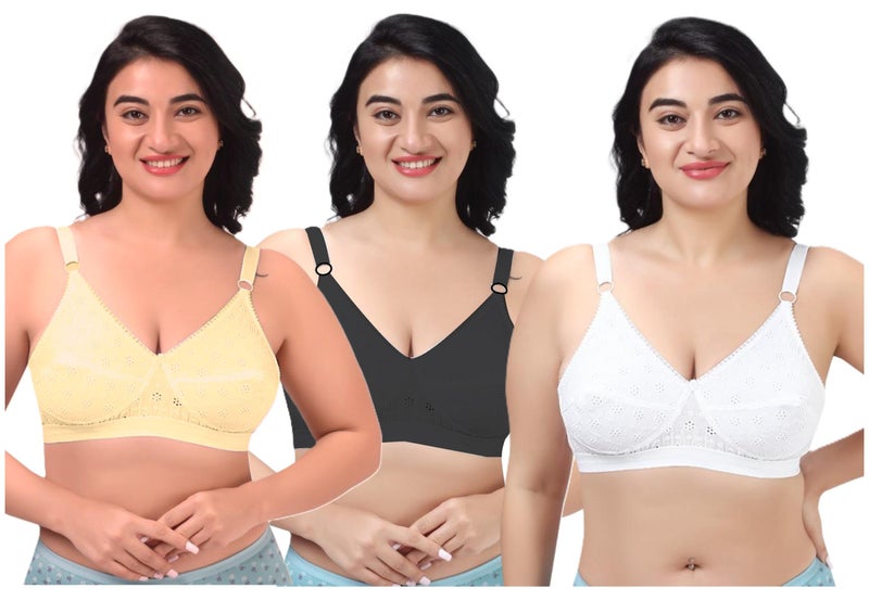 RAJNI Women's Bra D Cup 100% Cotton Soft Breathable Non-Padded Double Layer Adjustable Straps Wire-free Plus Size Pack of 3 - Image 1