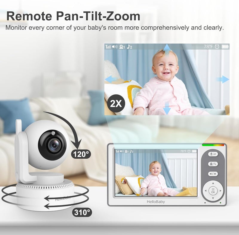 HelloBaby 43 Video Baby Monitor with 30 Hours Battery Remote PanTiltZoom Baby Monitor No WiFi Baby Monitor with Camera and Audio Night Vision ECO Mode Twoway Talk 8 Lullabies 1000ft Range - Image 4