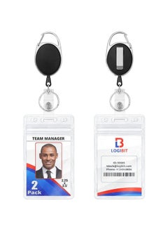MIFFLIN Retractable Badge Reels W Clear Vertical Id Name Card Holders (2.4X3.6 Inch 2 Pack) Black Reel W Carabiner Clip & Belt Hook  - Image 2