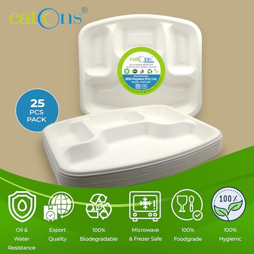 EATONS | 4 Compartment Bagasse Meal Tray | 11 Inch - Pack of 25 | Disposable Plates Big Size | Sugarcane Paper Plates | Great for Events, Caterers & Buffet | Heavy Duty, Leakproof, Microwave Safe - Image 4