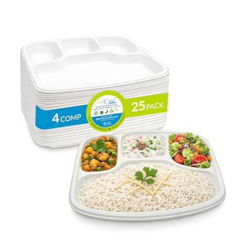 EATONS | 4 Compartment Bagasse Meal Tray | 11 Inch - Pack of 25 | Disposable Plates Big Size | Sugarcane Paper Plates | Great for Events, Caterers & Buffet | Heavy Duty, Leakproof, Microwave Safe - Image 1