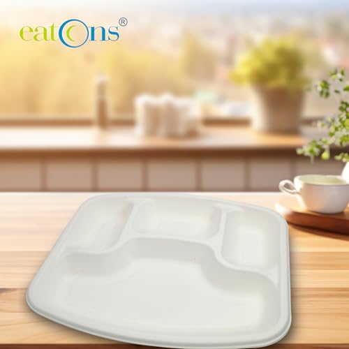 EATONS | 4 Compartment Bagasse Meal Tray | 11 Inch - Pack of 25 | Disposable Plates Big Size | Sugarcane Paper Plates | Great for Events, Caterers & Buffet | Heavy Duty, Leakproof, Microwave Safe - Image 5