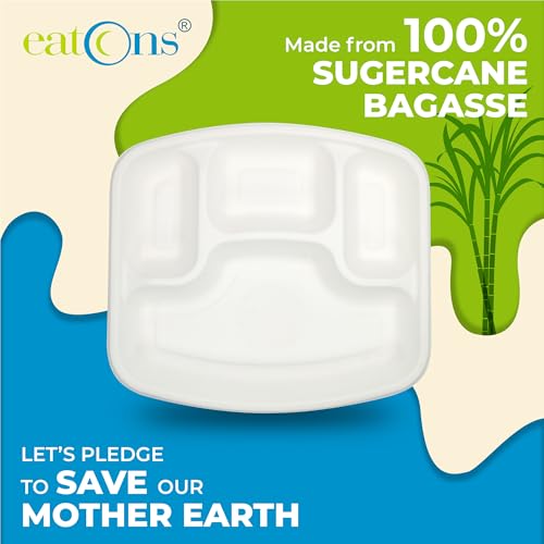EATONS | 4 Compartment Bagasse Meal Tray | 11 Inch - Pack of 25 | Disposable Plates Big Size | Sugarcane Paper Plates | Great for Events, Caterers & Buffet | Heavy Duty, Leakproof, Microwave Safe - Image 2