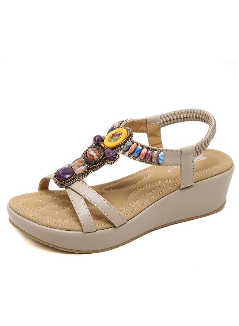 Loquat National Style Beach boho Retro Beaded Wedges Sandals Brown 